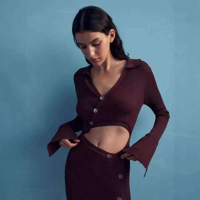 Fall Knit Dress Sexy Cutout Long Sleeve Buttons Decorated Spice Split Long Dress