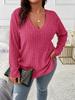 Women's V Neck Long Sleeve Knit Top Loose Fit Casual Solid Color Ribbed Plus Size Sweater Tunic