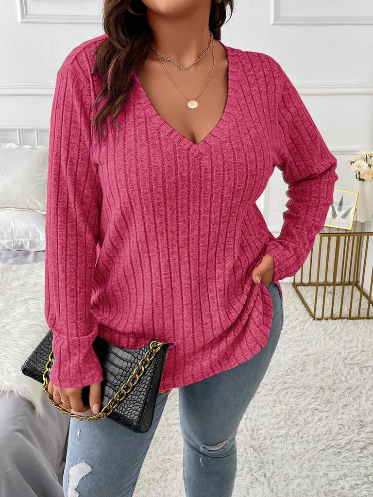 Women's V Neck Long Sleeve Knit Top Loose Fit Casual Solid Color Ribbed Plus Size Sweater Tunic