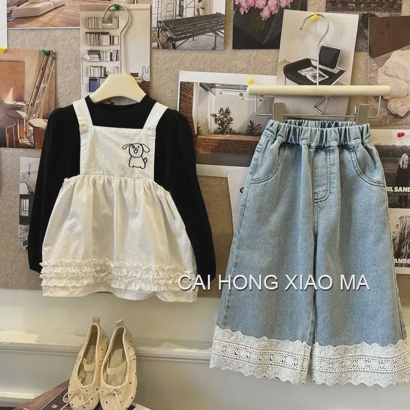 "Korean Spring & Autumn Girls' Lace Jeans - Casual, Versatile, Straight Pants for Little Girls"