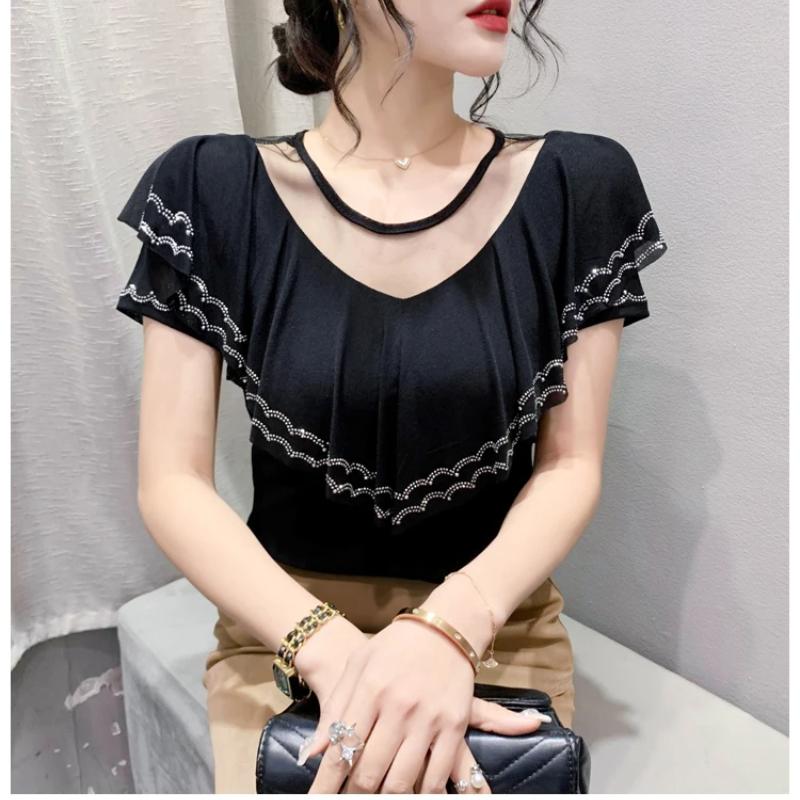 New Chic Summer Elegant Women T-Shirt Clothes Sexy Luxury Shiny Diamonds Tops Short Sleeved Ruffles Mesh Tees Blusas
