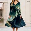 Women Plus Size V Neck Long Sleeve Printed Cyan A Line Dress With Tie Waist