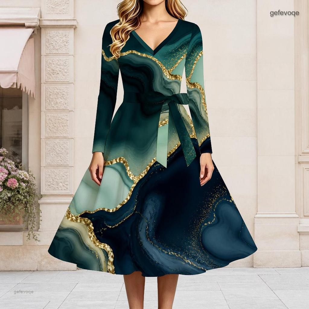 Women Plus Size V Neck Long Sleeve Printed Cyan A Line Dress With Tie Waist