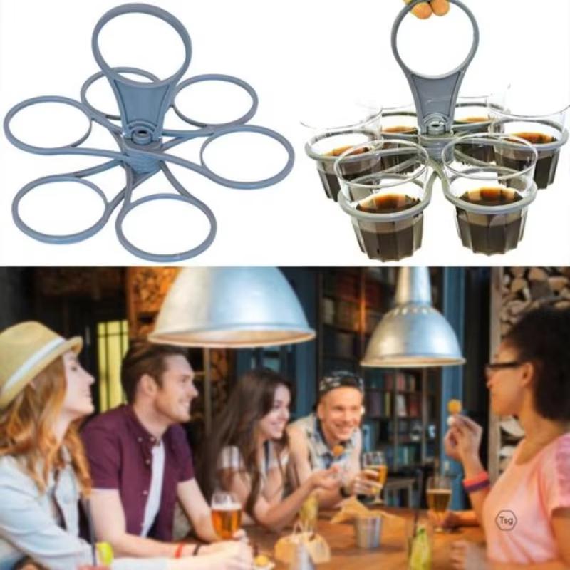 6 Cups Foldable Glass Carousel Holder Coffee Cup Handle Drinking Bottle Bracket Portable Anti Scalding Camping Party Bar Home