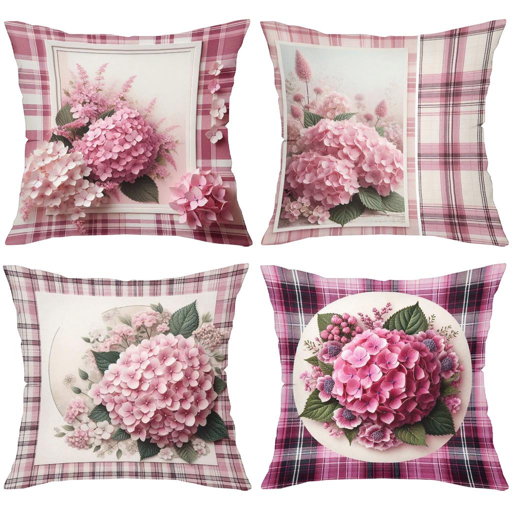 Pink Hydrangea Patterned Plaid Cushion Covers for Home Polyester pillowcase, sofa decorative cushion cov Headboard Pillow
