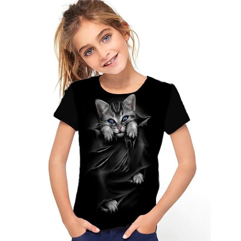 Cat Print T-shirt, Summer Casual Short Sleeved Round Neck Top for Children and Girls, As A Gift Top
