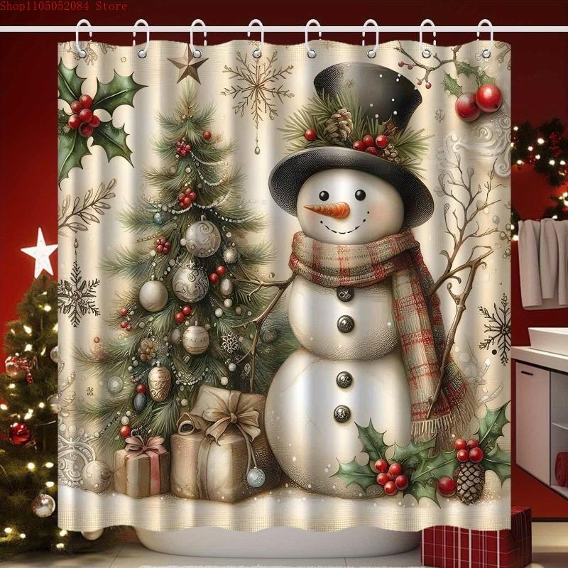 

jit1pc vintage christmas snowman shower curtain christmas - With Hooks Waterproof Mildew Proof Easy Install Washable 90x180cm