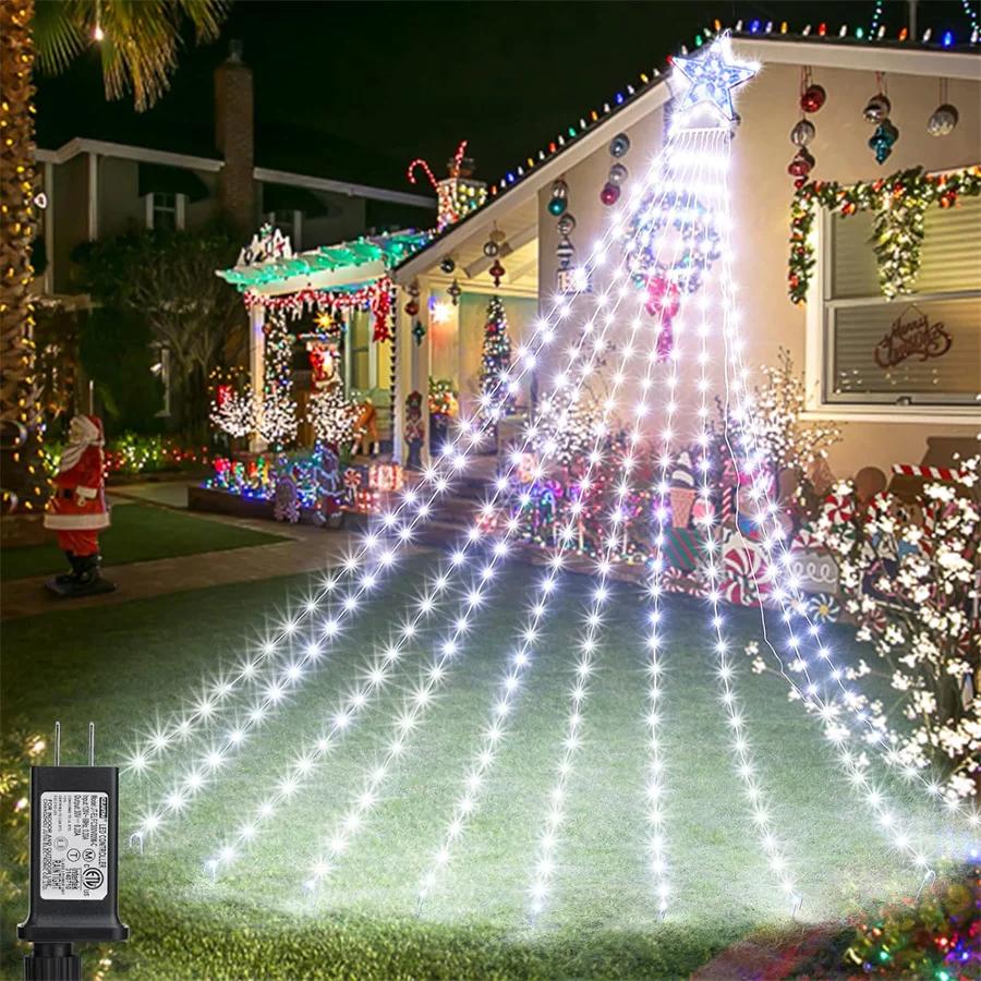 9X3M Outdoor Christmas Star String Light 288LED Lighted Waterfall Tree Hanging Garland Light with Topper Star Fairy Light