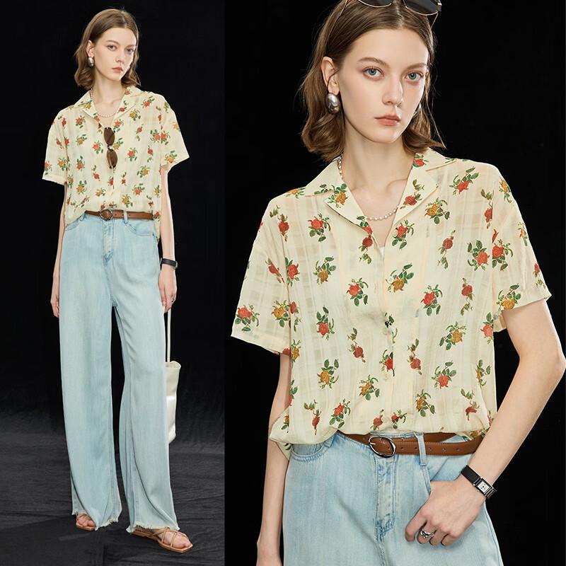 Wudao Retro French Rose Print Short Sleeve Blouse M