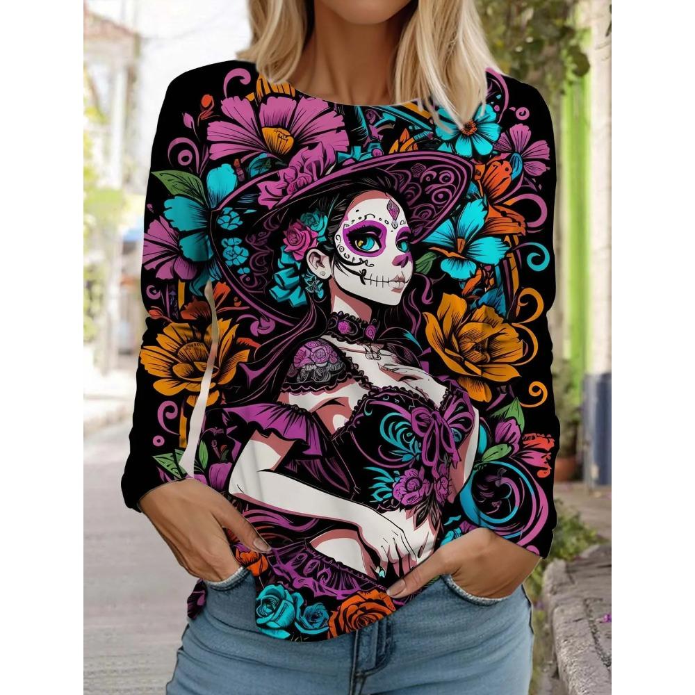 

Spring and Autumn Round Neck Skull Pattern 3D Printed Top Day of the Dead Gothic style T-shirts Fashionable Casual Long Sleeved Women s T-shirts 4XL