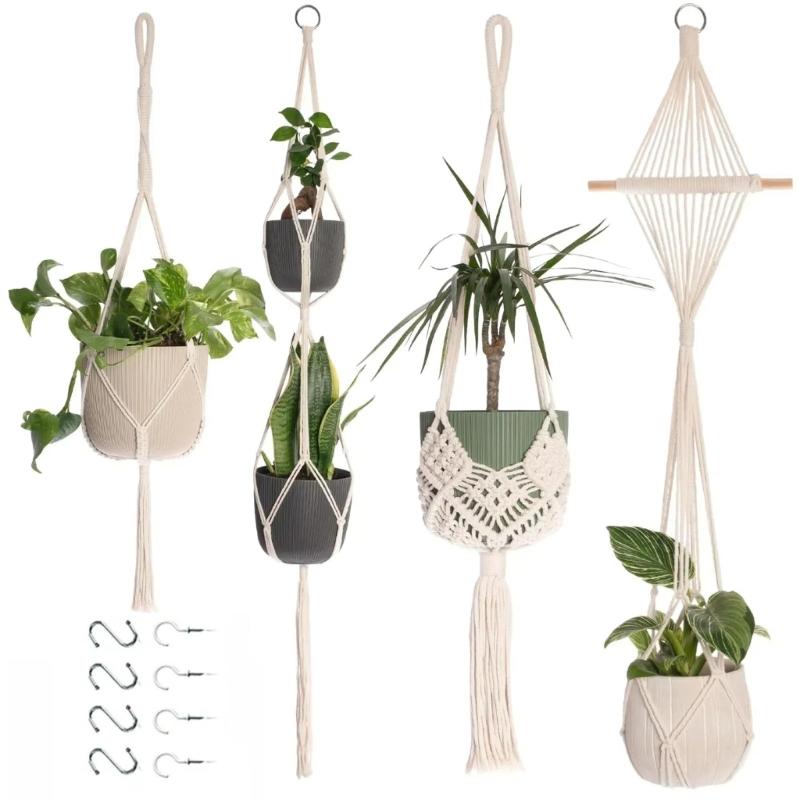 Flower Pots Pocket Hanging Handmade Cotton Rope Weaving Outdoor Home Gardening Decorative Flower Pots Hanging Basket