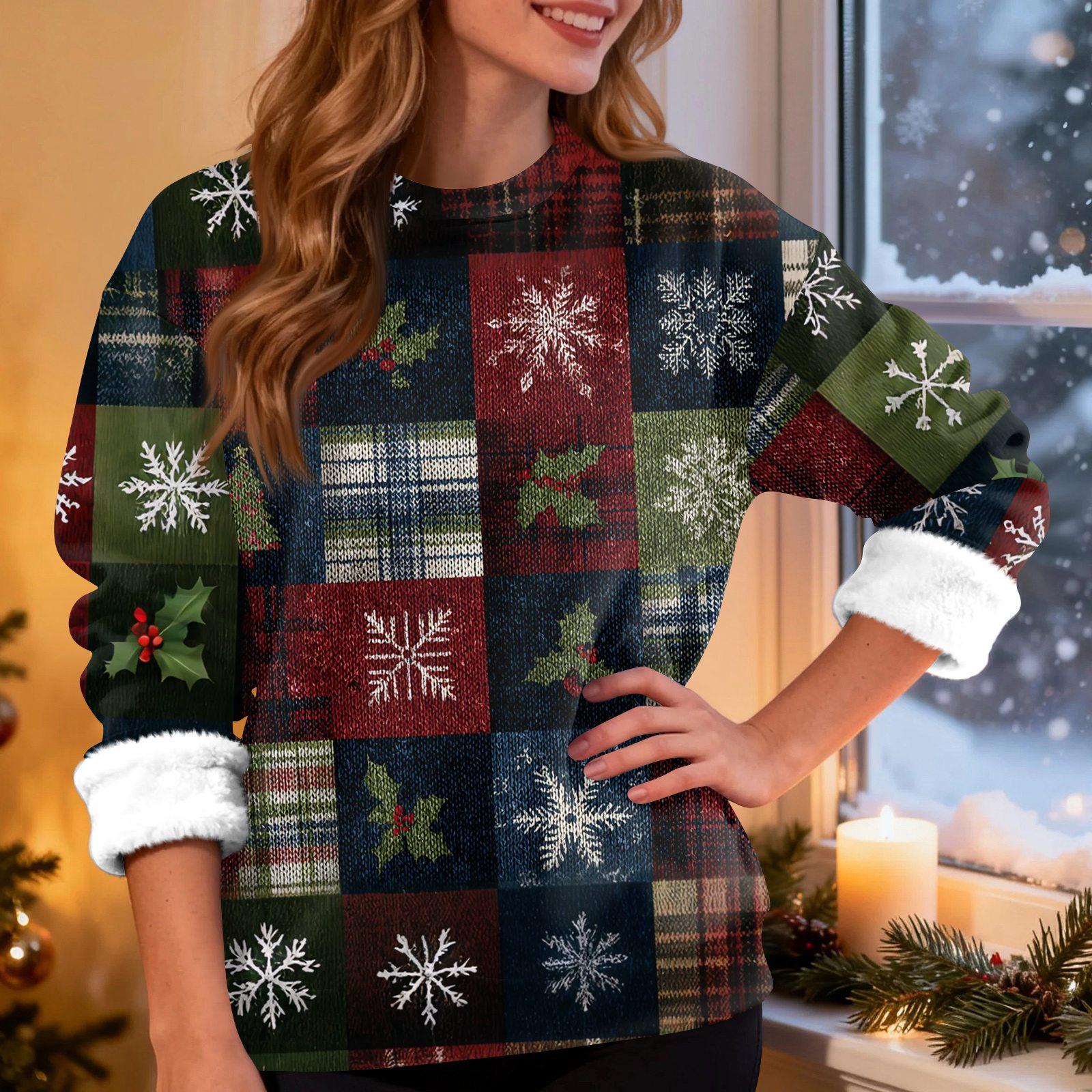 

Женская модная повседневная толстовка с длинным рукавом и круглым вырезом с рождественским принтом L