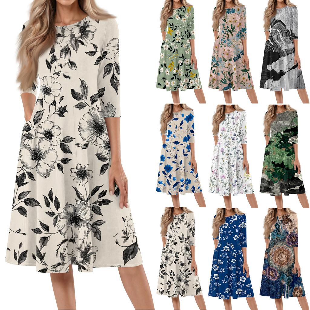 Women's Casual Fashion Round Neck Three Quarter Sleeve Printed Midi Dress