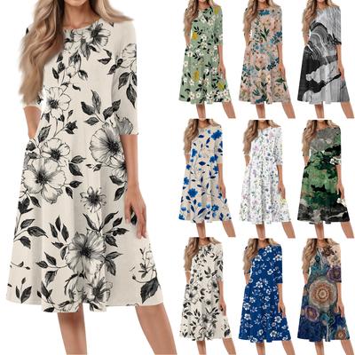 Damen Freizeitmode Runder Hals Dreiviertelarm Bedrucktes Midi-Kleid