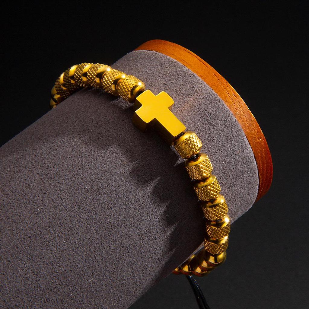 Men's Adjustable Braided Hip Hop Bracelet with Retro Copper Crown, Pineapple Beads, and Vacuum-Plated Titanium Steel.