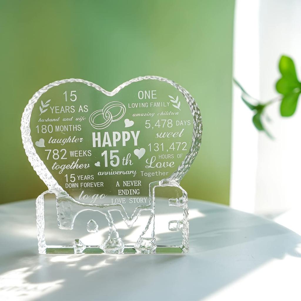 H&D HYALINE & DORA 15 Year 15th Wedding Anniversary Paperweight, Crystal Sculpture Keepsake Gifts, Personalized Crystal Engraved Heart Marriage