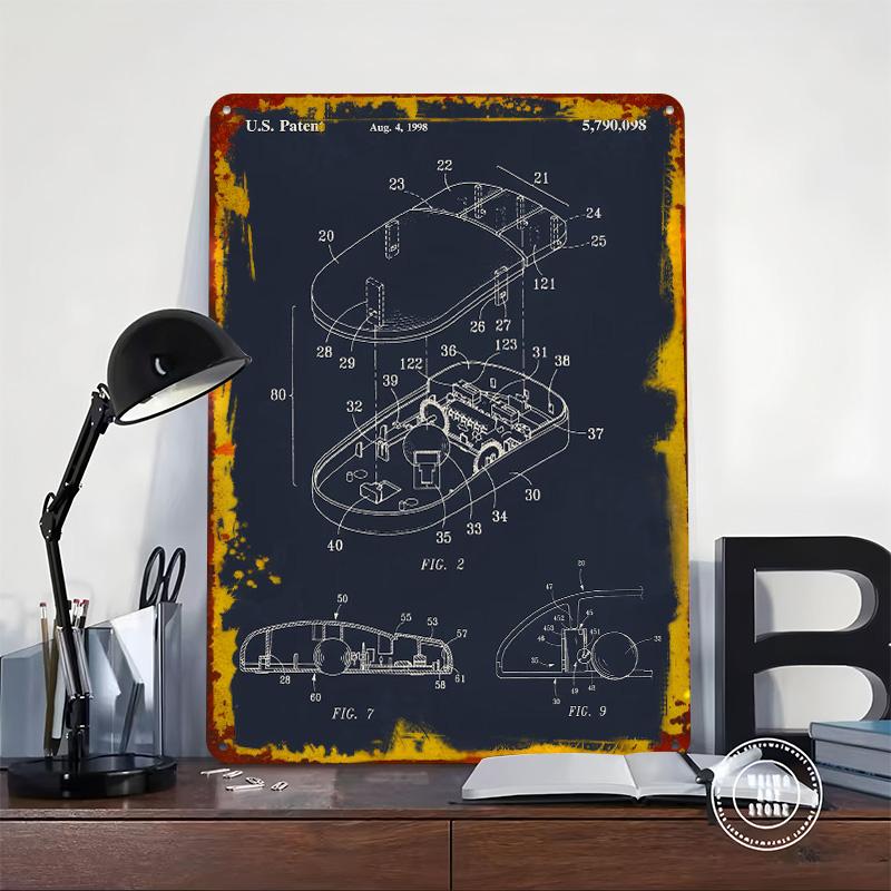 Computer Mouse Patent Drawing Metal Poster Customized Wall Art Retro Vintage Tinplate Signs for Aesthetic Room Decor Men Home