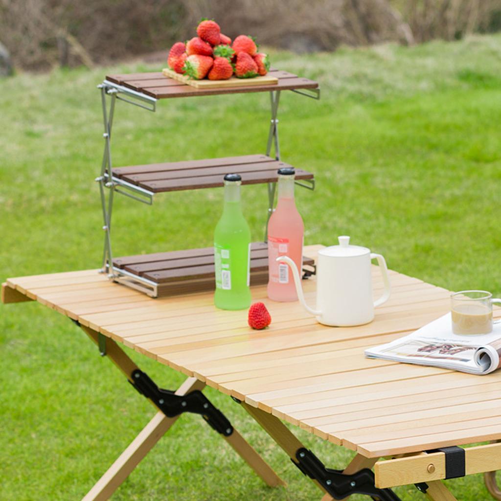3 Tier Wood Shelving Strong Load Bearing Fine Polishing Metal Beech Wood Folding 3 Tier Shelves for Camping Chrome