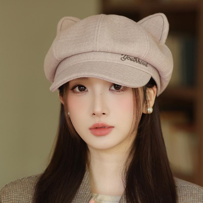 Retro Korean-Style Women's Beret: Octagonal Duckbill Hat with Cat Ears, Perfect for Autumn/Winter and Large Head Circumference