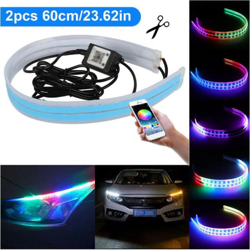 2pcs Car Sequential Flowing RGB Daytime Running Light DRL APP Multi Color Light Strip Turn Signal