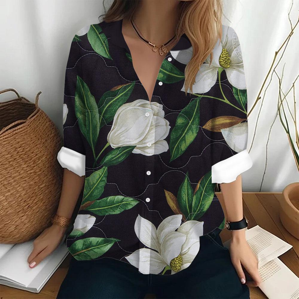 Women's Fashion Shirt Bottom Casual T-shirt Loose Lapel Top Long Sleeved Button Printed Clothing Party Elegant Women's Shirt