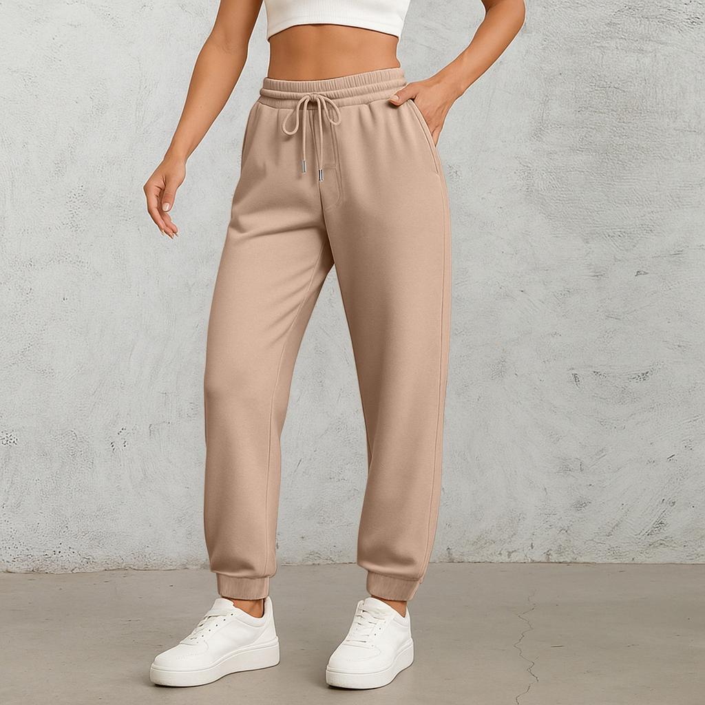 Ladies' Fashionable Solid Color Straight Leg Pants With High Waist Drawstring Pockets And Elastic Waist Casual Pants