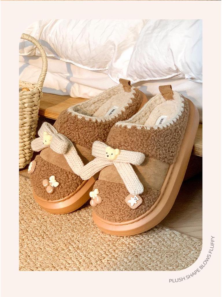 Damen-Hausschuhe aus Baumwolle mit Plüschbärenmotiv – dick, warm, Winterschuhe für drinnen und draußen