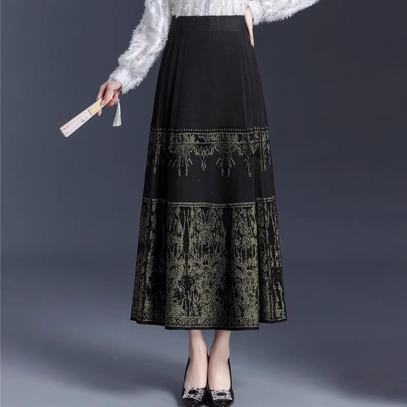 Chinese National Style Wool Mid-Length Pleated Skirt - Autumn/Winter Slimming Retro Knit for Women