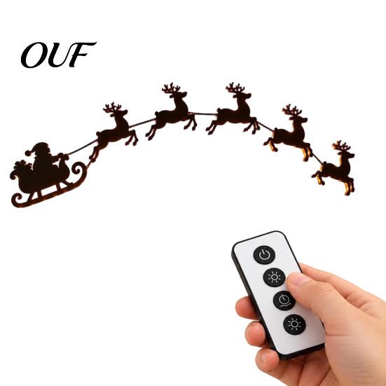 Reusable Christmas Wall Ornament Lighted Santa Sleigh Reindeer Decor with Remote, 3D Light Up Wood Peel Ambient for Bedroom And Stick Entryway