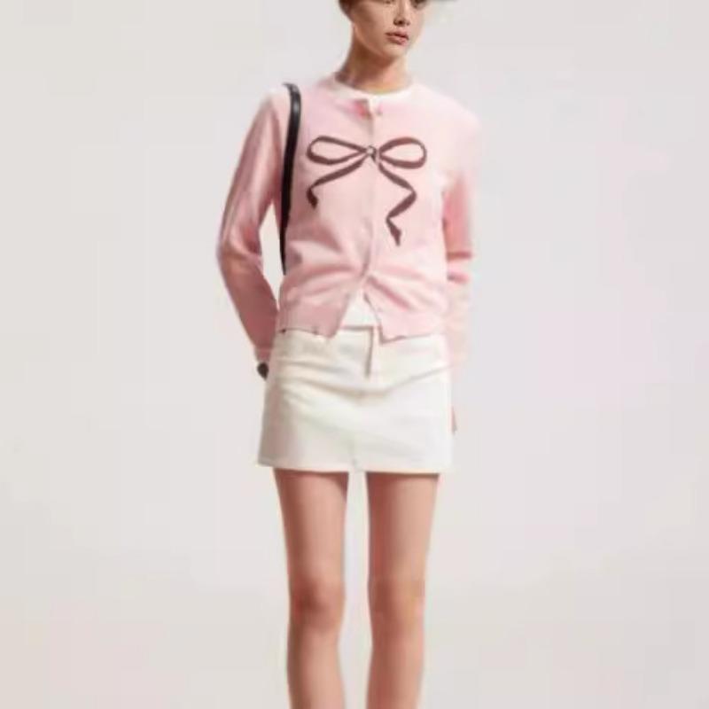 New Solid Color Sweet Age-reducing Bow Round Neck Jacquard Sweater Knitted Sweater Cardigan Jacket Women
