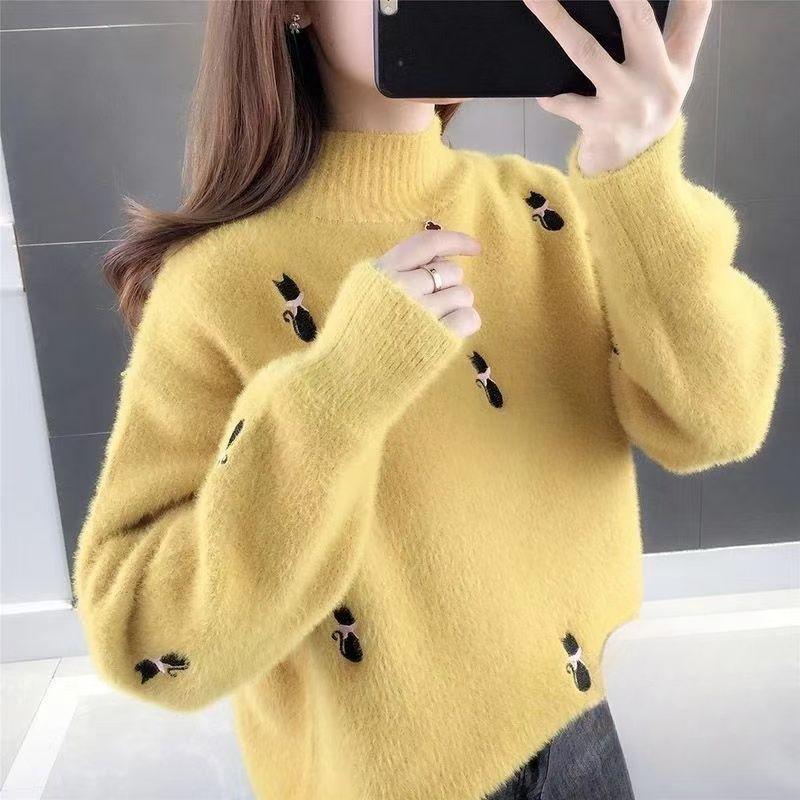 Mink Fur Sweater for Women Loose Fitting for Autumn and WinterLazy Semi High Neck and Thick Knit Base Sweater with Fleece