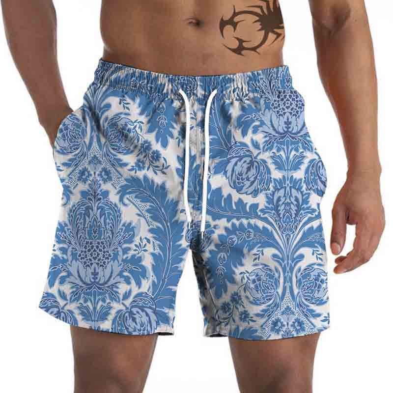 Men's Summer Casual Beach Shorts Palm Tree Print Quick Dry Drawstring Waist