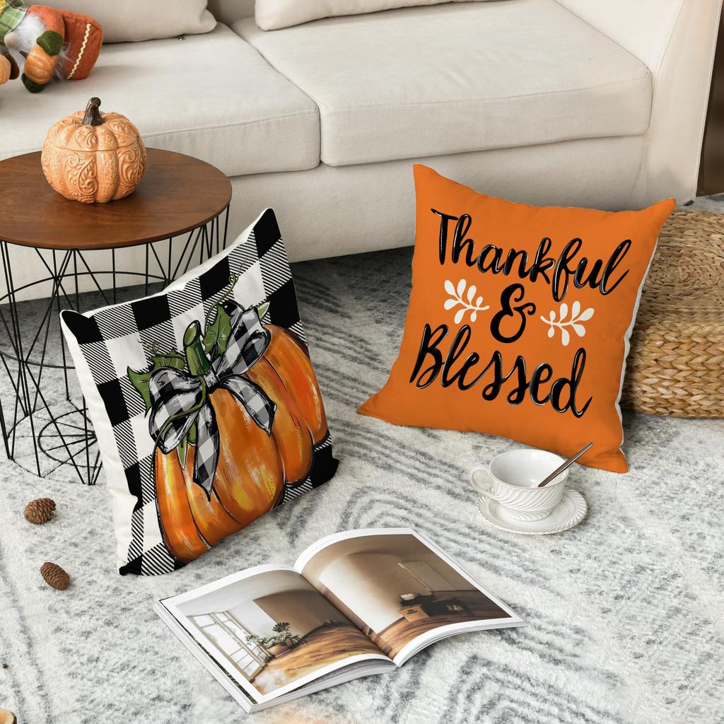 1 \ 4Pcs Autumn Thanksgiving Pillow Cover With Bow Truck Pattern Backrest Cover, Suitable For Room Living Room (No Pillow Core)