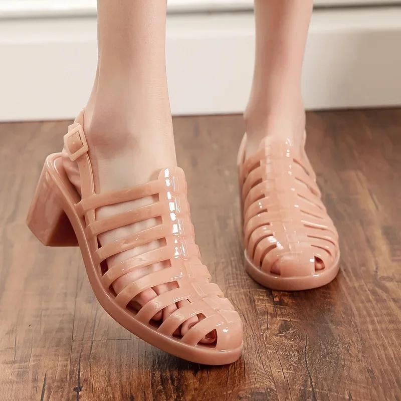 2025 Summer Women Casual Jelly Shoes Heel Women Square High Heels Transparent Platform Sandal Lady Bling Silver Sandals