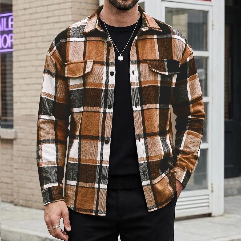 Men's Retro Plaid Flannel Shirt Jacket Long Sleeve Loose Fit Casual Button-Down Outerwear
