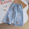 Korean Style Girls' Autumn Cute Jeans, Sweet Applique Embroidered Dog, Versatile & Playful Wide-Leg Long Pants.