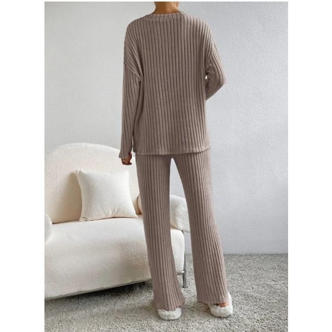 Spring Women Outfit Loose Knit Two Piece Set V Neck Top with Wide Leg Pants Casual Wear