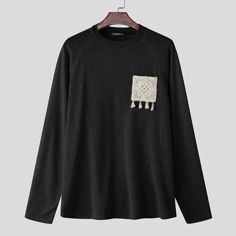 INCERUN Printemps Hommes Col Rond Manches Longues Crochet Casual Lâche Pull T-shirts Hauts