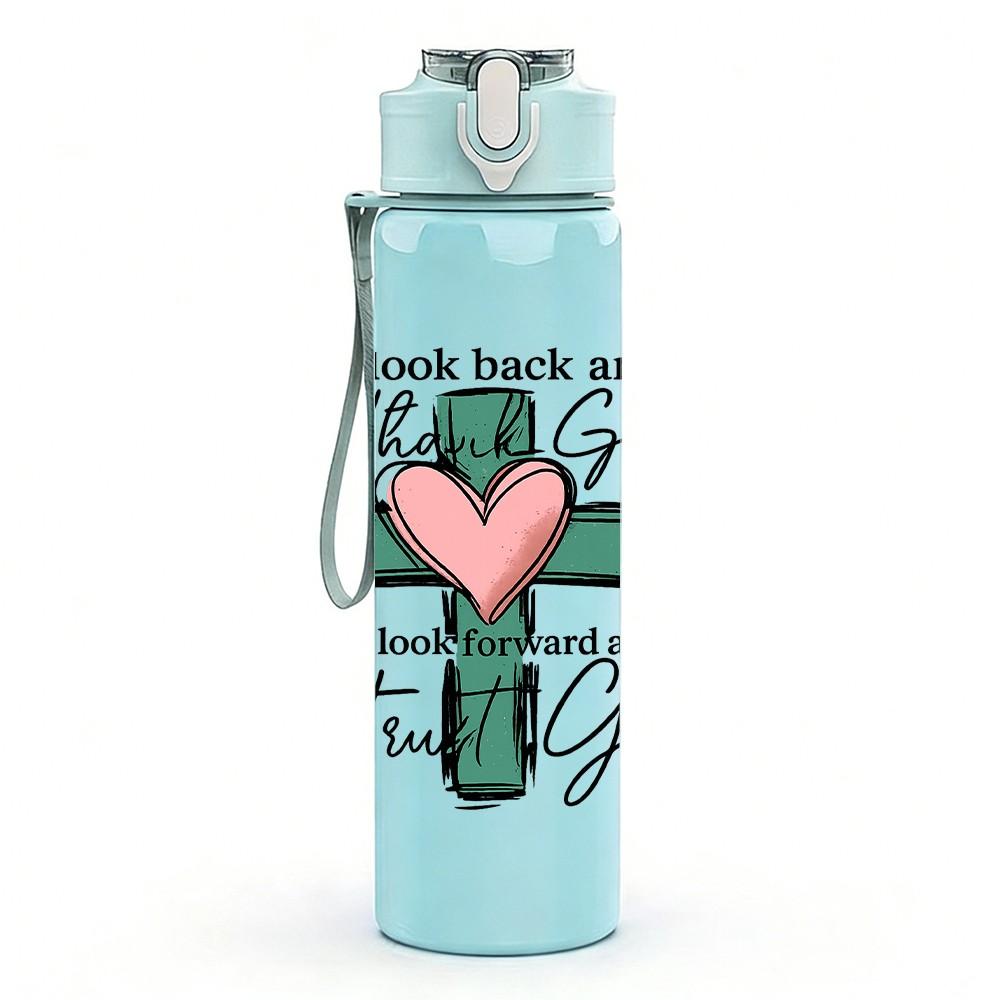 1PC Christian Cross Floral Letter Print 750ml Color Plastic Sports Water Bottle Leakproof Flip Straw Lid Suitable for Sports Office Home Use