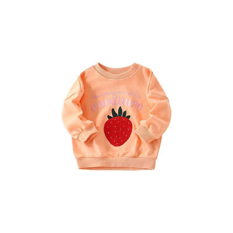 For Spring and Autumn with Sweet Strawberry Embroidery and Lettering, Pullover Top for Little Girls, Pure Cotton Long-Sleeve Base Shirt, Trendy