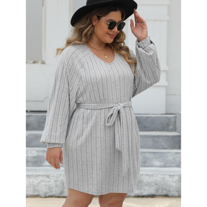 Women's Autumn and Winter Big Size Striped V-neck Casual Bottoming Simple Dresses