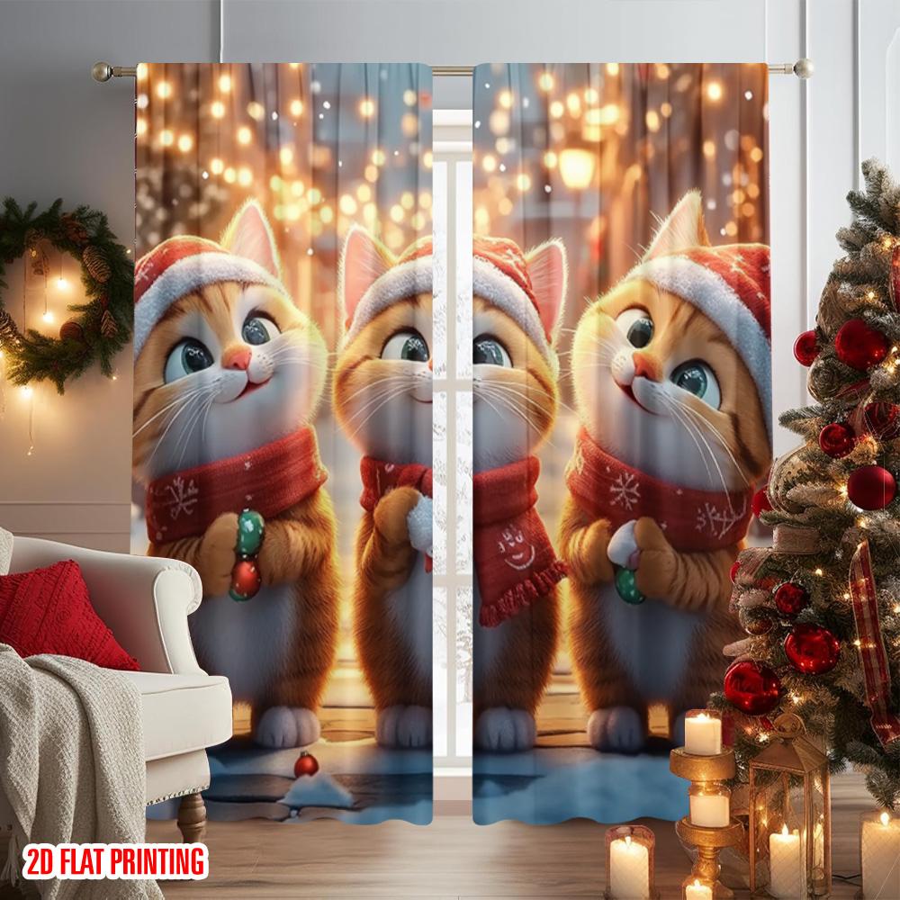 Set Of 2 Flat Printing Merry Christmas Window Drapes Cute Cat Candy Polyester Without Electricity Party Decorations Curtain