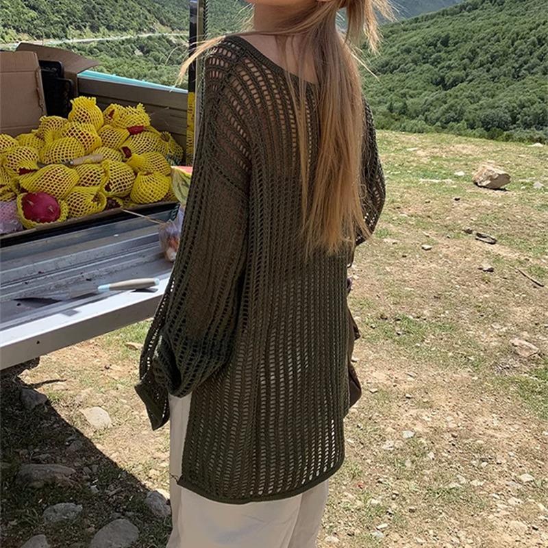 Fashion Loose Long Sleeve Hollow Out Knitted Sweater Women Casual Outer Blouse Thin Hollow Spring Summer Covers Up Long Air-conditioning Shirt Top