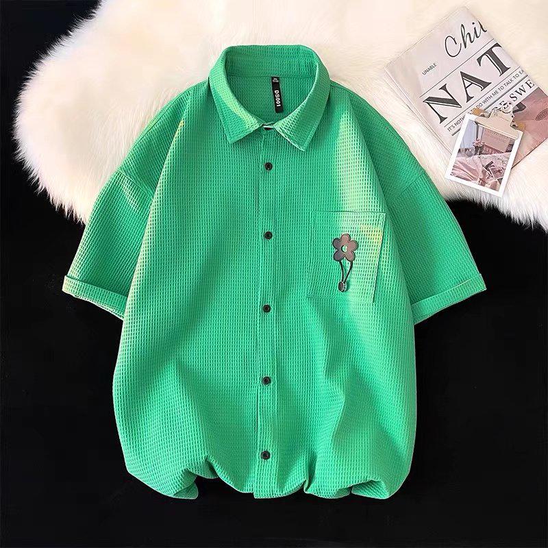 

Мужская красивая вафельная рубашка с коротким рукавом в летнем гонконгском стиле 2022 года M зелёный