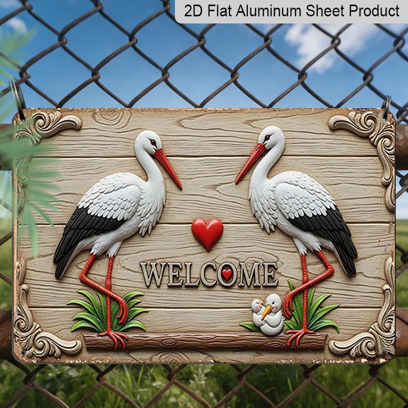 2D Flat 1pc Welcome Sign with Storks and Heart | Manufactured Aluminium, Vintage Style, Wall Hanging, Multipurpose Decor for Christmas, Halloween