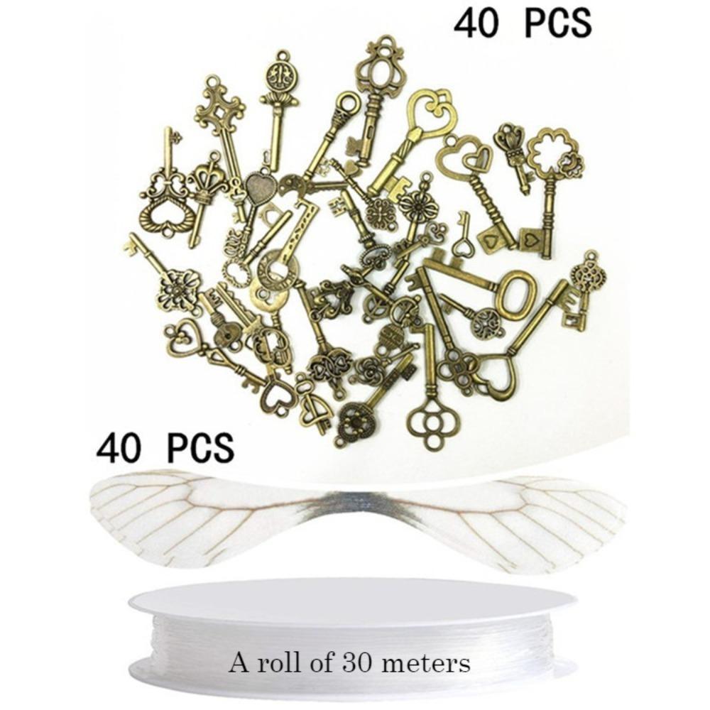 40 Vintage keys, 40 pairs of wings, 30 size crystal thread, wedding party decoration room pendant set