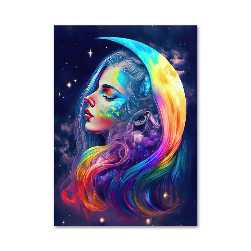 Abstract Colorful Rainbow Goddess Lotus Posters and Prints Figures Canvas Painting Wall Art Pictures for Room Home Decoration