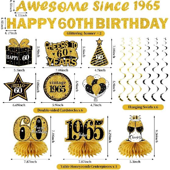 11Pcs 60th Birthday Decorations Kit for Men Women, Black Gold Happy 60th Birthday Banner, Awesome Since 1965 Centerpieces Swirls Party Supplies,
