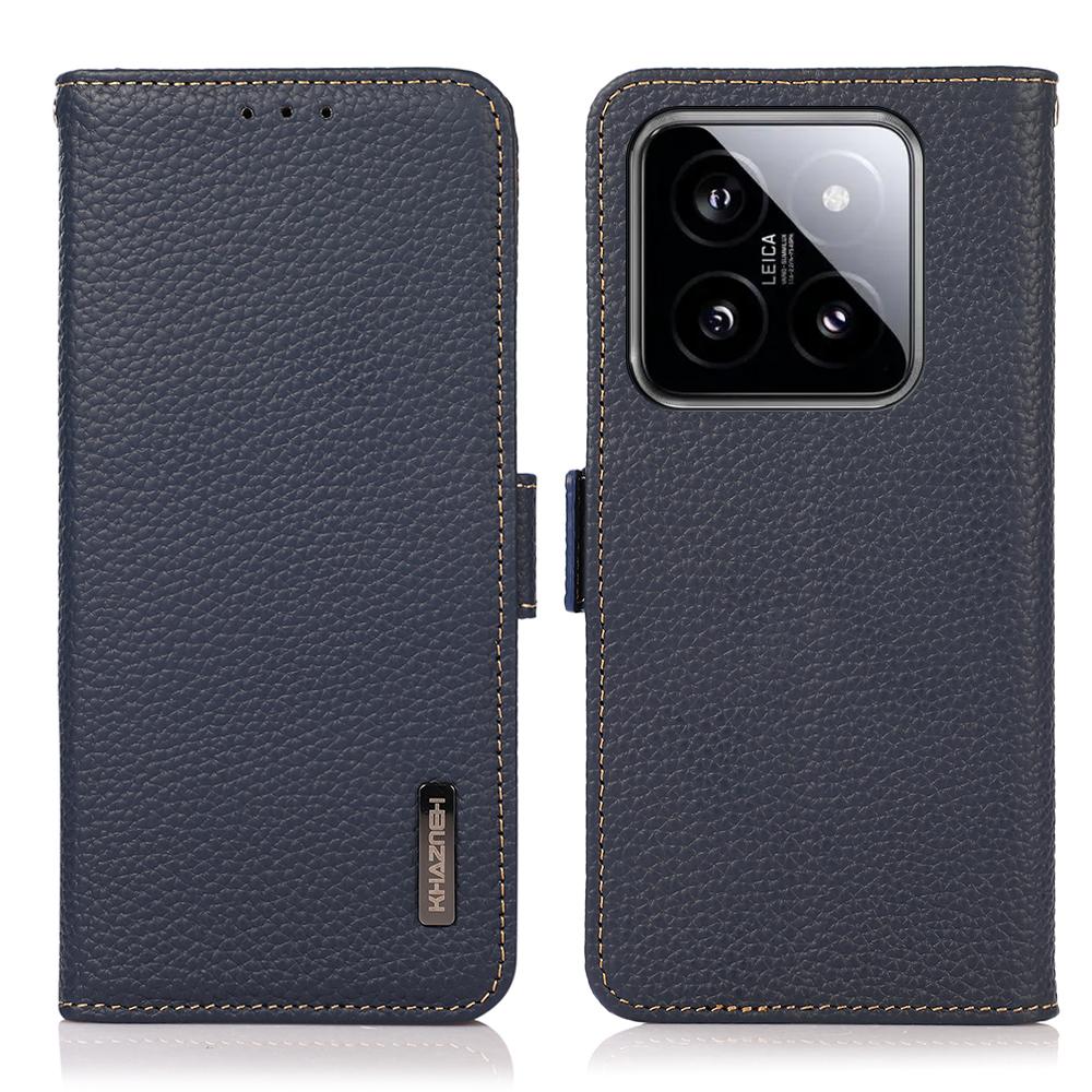 

KHAZNEH For Xiaomi 14 Case Magnetic Clasp enuine Cow Leather Wallet Cover Blue
