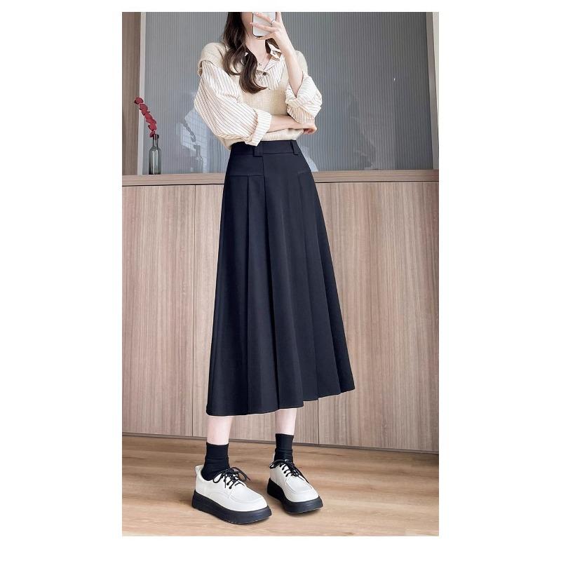 High Chic Gray Skirt Pleated Waist Slimming Midi Length Elegant Long Skirt For Ladies
